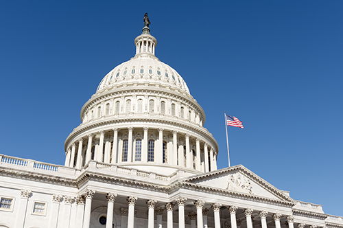 Image shows a closeup of the dome on the U.S. Capitol.